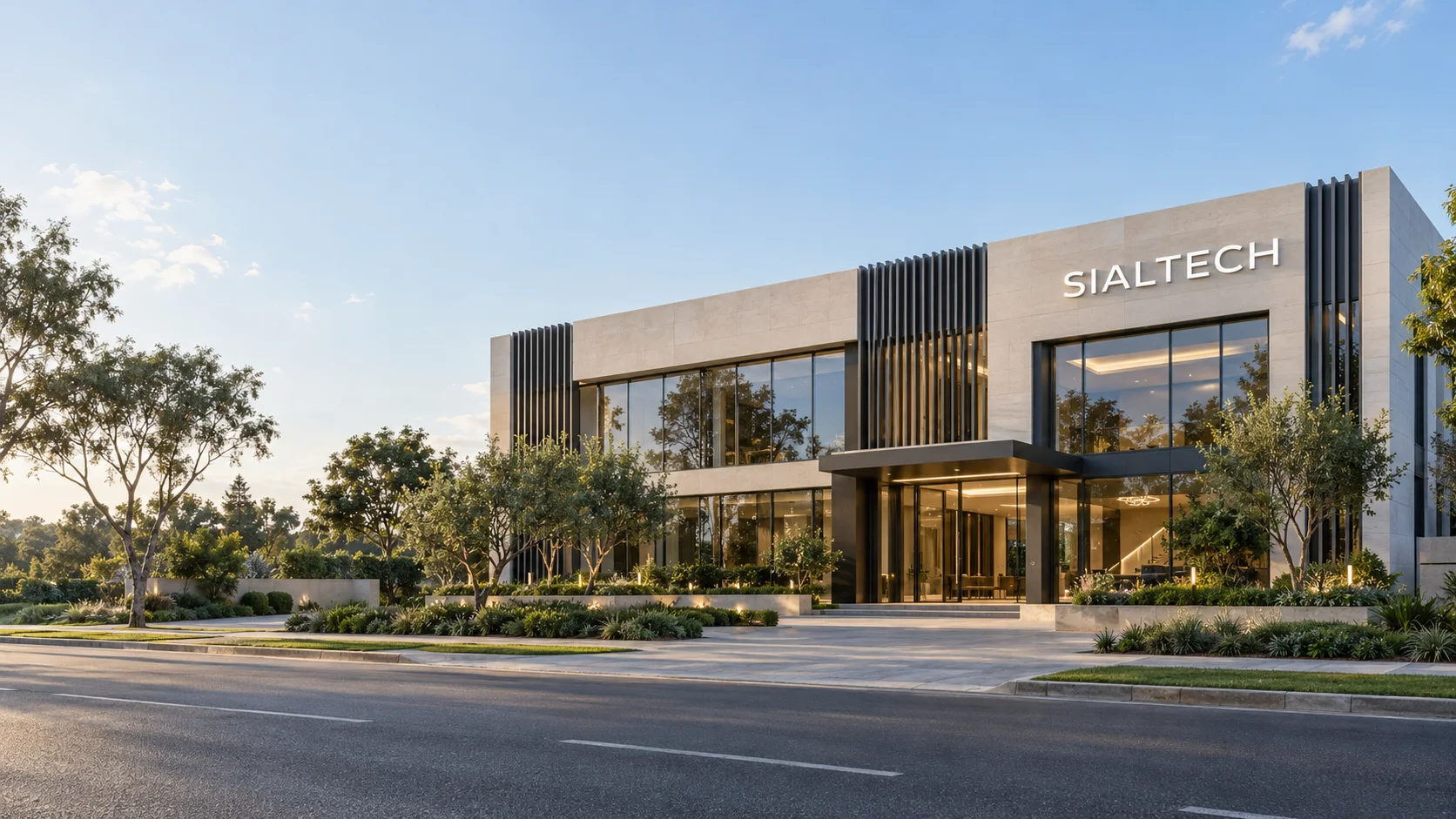 Architectural concept of the SialTech glass office building, with landscaped entrance and illuminated signage