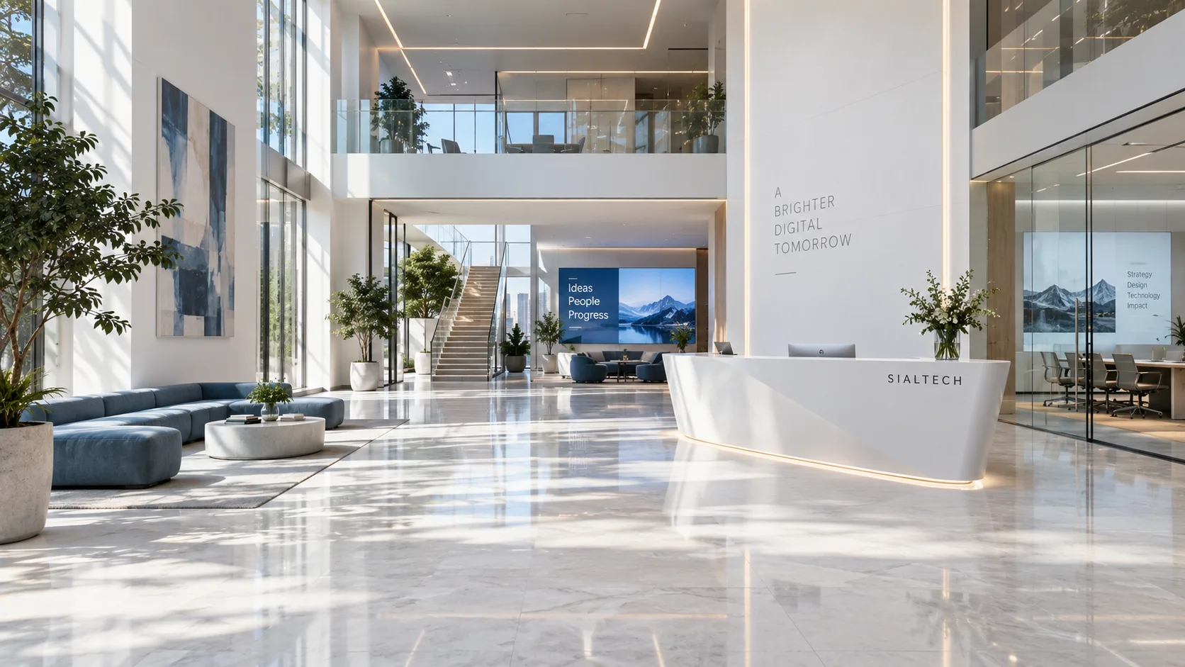 Virtual SialTech reception with a sculptural desk, glass meeting rooms and natural light