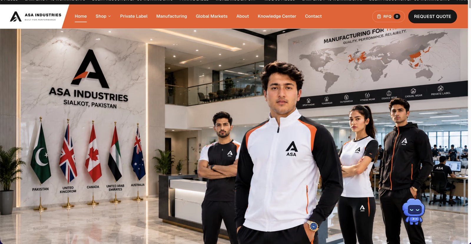 ASA Industries hero — orange navigation and custom sportswear manufacturing display center