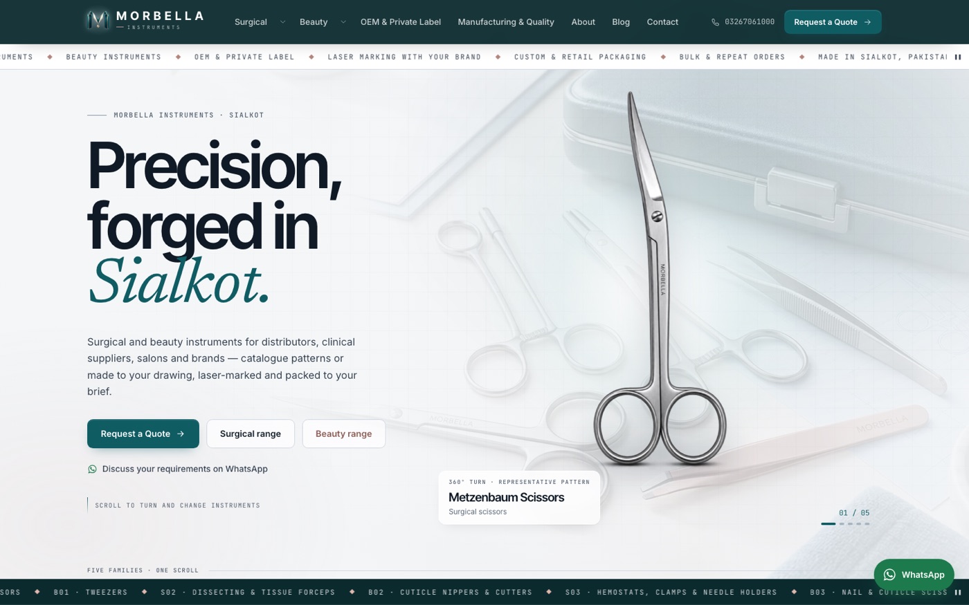 Morbella Instruments homepage - surgical and beauty instruments manufacturing website built by SialTech