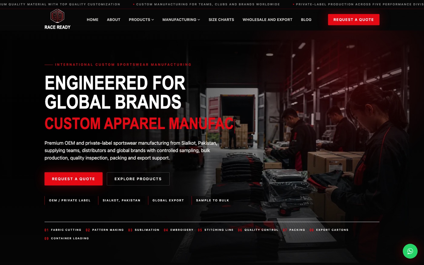 RaceReady Industry homepage — sportswear and private-label manufacturing website